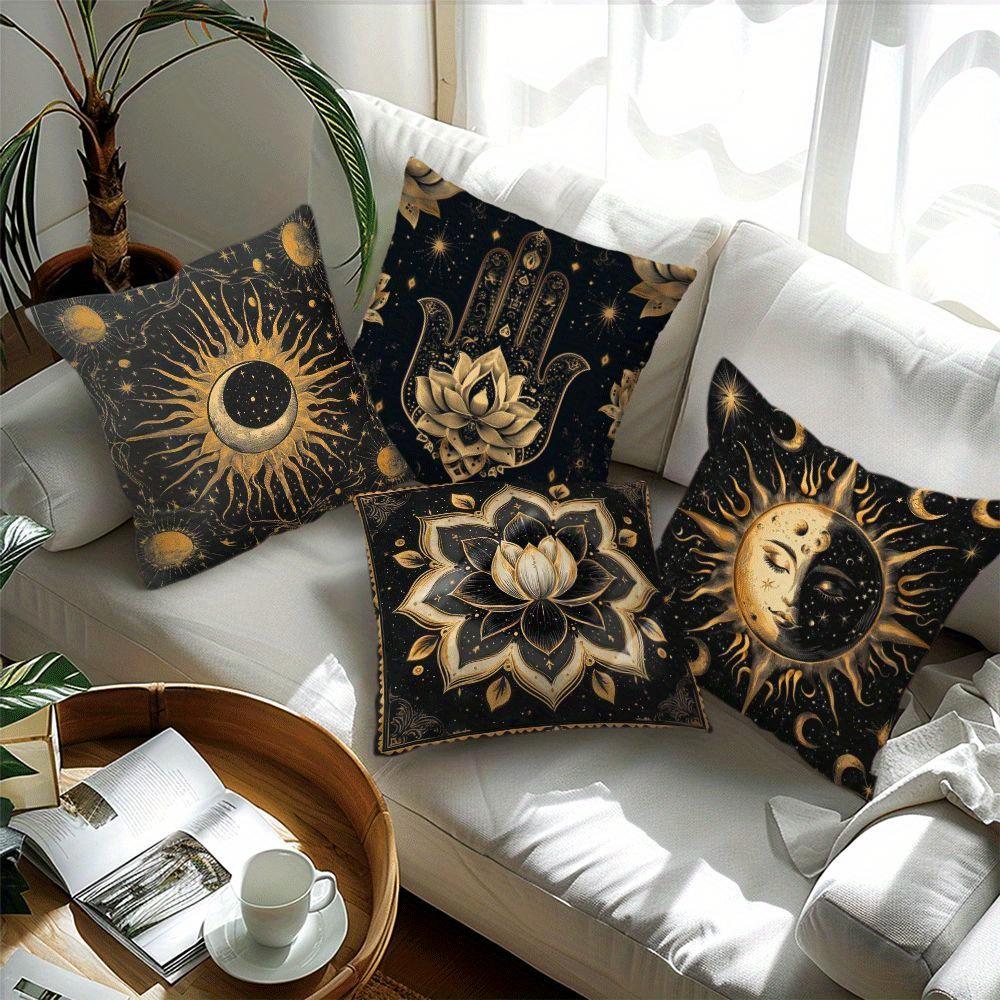 Cosmic Print Decorative Cushions Sun Moon Hamsa Lotus Polyester Pillowcase, Sofa Decorative Cushion Cov Headboard Pillow