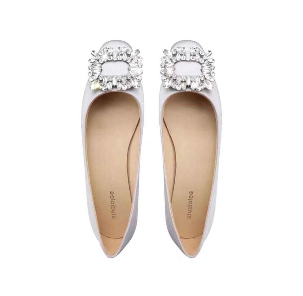 Elegant Spring & Autumn Rhinestone Buckle Square Toe Satin Flats for Women
