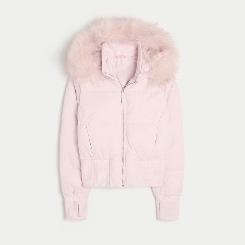 Schicke Cropped Jacke mit durchgehendem Ärmel und Reißverschlusstasche Modischer Damen-Steppmantel mit Kapuze aus Kunstpelz Winter Neu Damen Gepolsterte Oberbekleidung L rosa