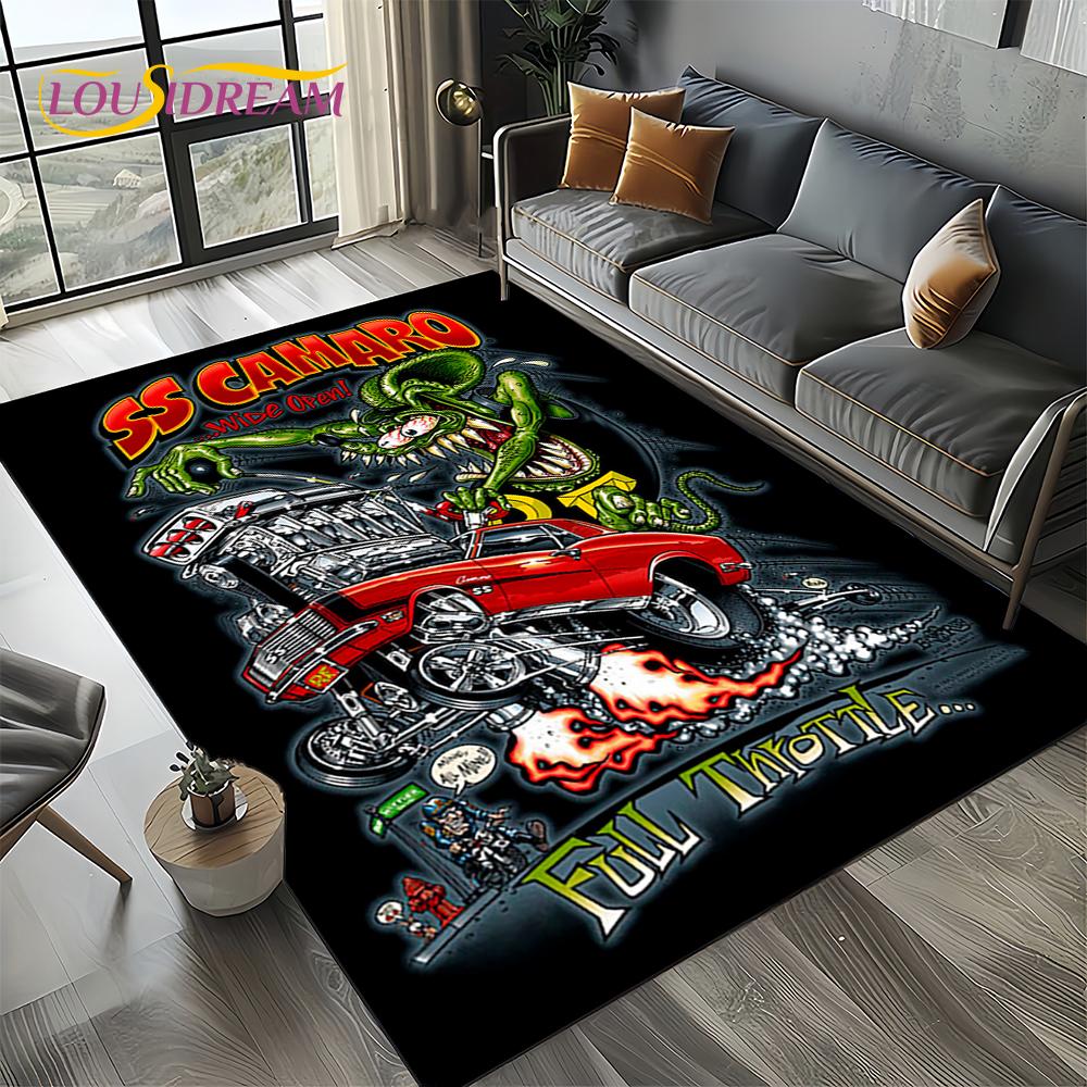 RF Funny Rat Fink Cartoon Motorcycle Sign Carpet Rug for Living Room Bedroom Home Sofa Decoration,Area Rug Non-slip Floor Mat