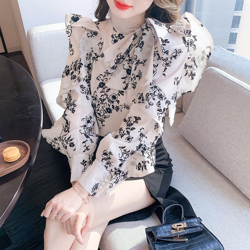 Fashion New 2024 Autumn Ruffles Long Sleeve Bow Collar Print Chiffon Blouse Shirt Women Tops Blouses Shirts J467