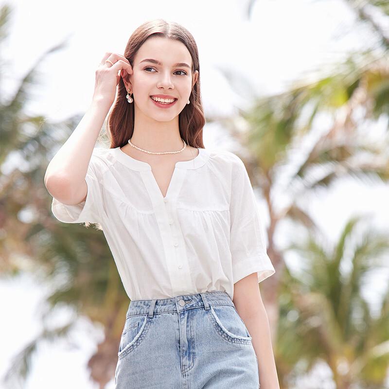 Betu Women's Pleated French Vintage V-Neck Short-Sleeve Top