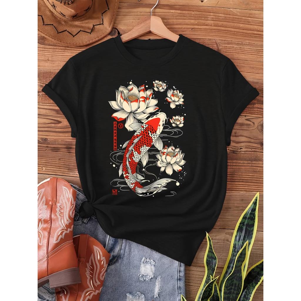 Y-Size Multi-Lotus Japanese Koi, Vintage Art Print T-Shirt Featuring Japanese Koi and Lotus, Short Sleeve Crew Neck Casual Top