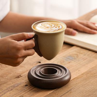 Coffee Cup with Wooden Handle Cone-Shaped Ceramic Mug 210ml Tapered Vintage Latte Mug Stable Wood Base Decorative Tea Cup