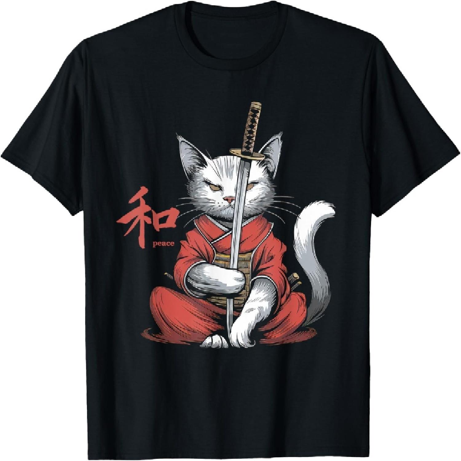 

Samurai Cat Vintage Ukiyo-e Warrior Kanji Japan Anime Ink T-Shirt for Men Women Kids XXXXXL різнокольоровий