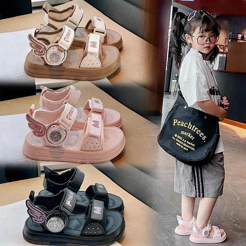 Children Open Toes Shoes with Rotating Button Sweet Wings 2025 Summer New Kids Beach Shoes Soft Sole Sandals Non-slip Trendy