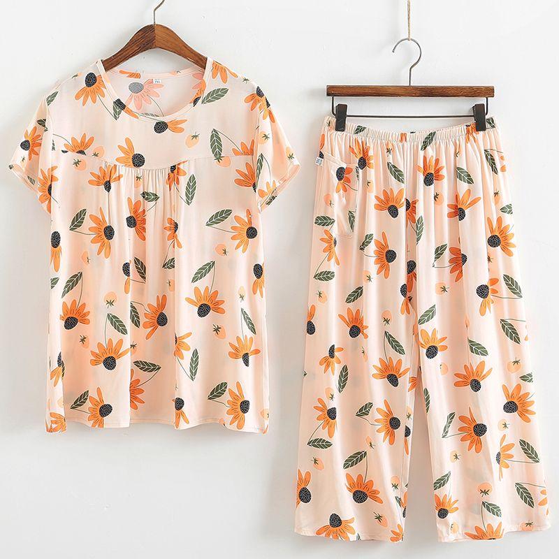 Baumwollseidenset Kurzarm-Caprihose für Damen mittleren Alters und ältere Frauen im Sommer, dünnes Oberteil, cooles Zuhause
