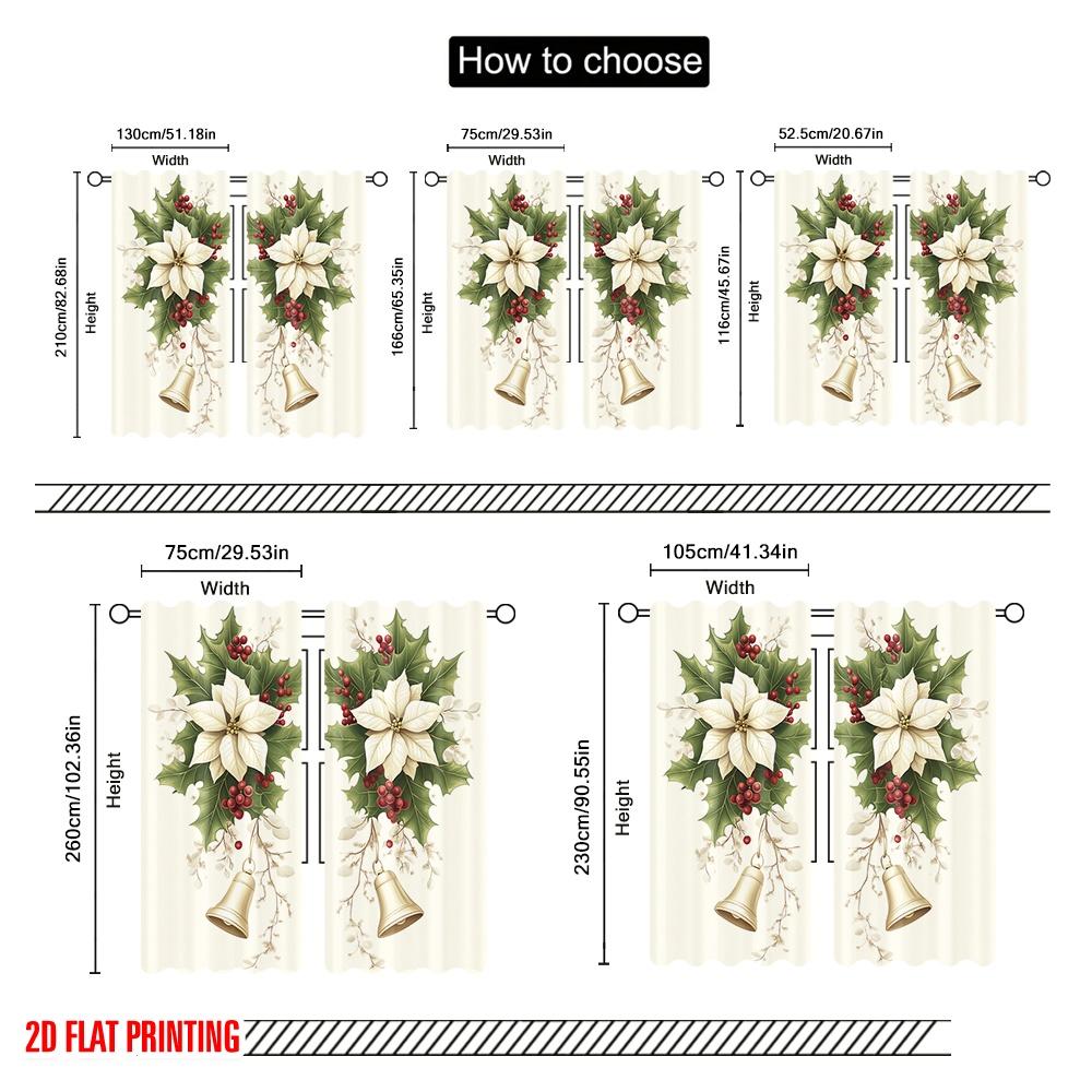 2pcs,2D Plane Printing Light Filtering Curtains Christmas Bells Holly Flowers (2) Versatile Fabric (without Rod) Decorations