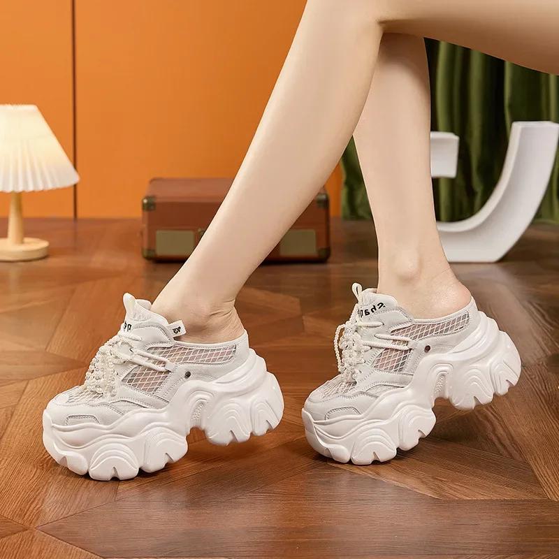 Fashion 9CM Breathable Mesh Synthetic Slippers Bling Casual Vulcanize Hollow Shoes Summer Chunky Sneakers Platform Wedge Sandals Woman
