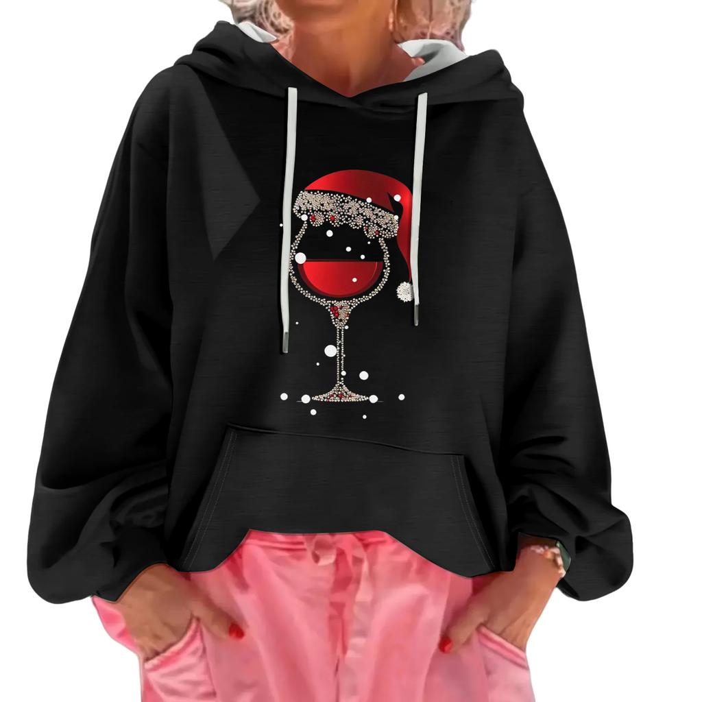 Women's Christmas Print Loose Casual Long Sleeve Hooded Sweatshirt