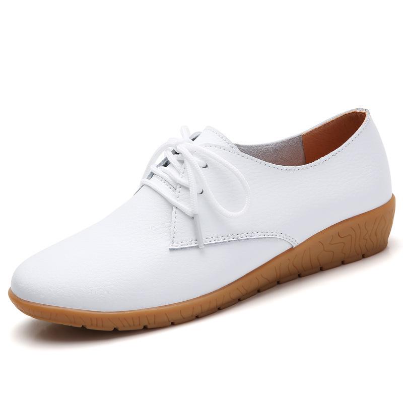 Women's White Lace-up Round Toe Non-slip Genuine Leather Flat Shoes - Casual & Versatile Korean Style