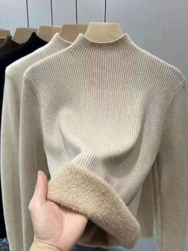 Women's Thick Velvet Half-High Collar Pullover: Slim Fit, Warm Autumn/Winter Knit Top