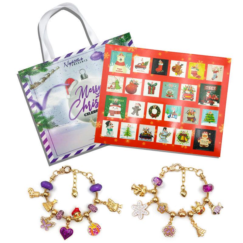 Contagem Regressiva para o Natal: Caixa de Presente Roxa com Calendário de Pulseira de Contas Douradas/Prateadas DIY