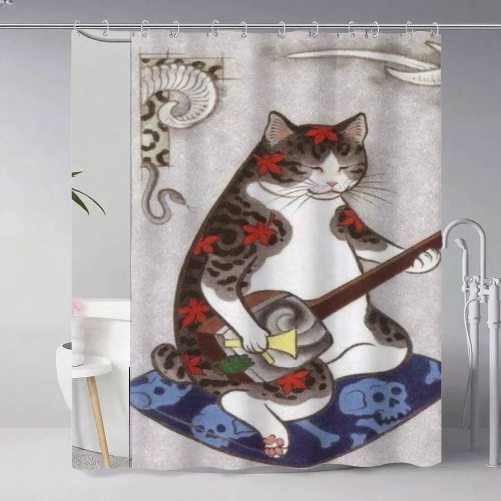 Japanese Cat Classic Vintage 1pc Pattern Shower Curtain Plus Hooks Waterproof Machine Washable Polyester Fabric Abstract