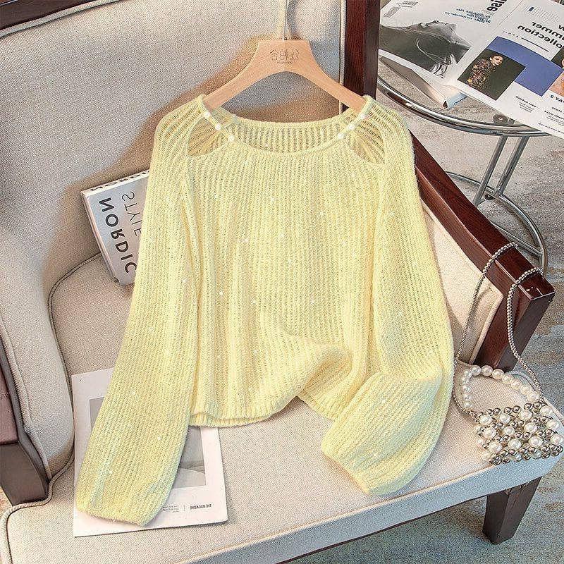 Womens White Knit Crop Top Casual Crew Neck Long Sleeve Sheer Sweater