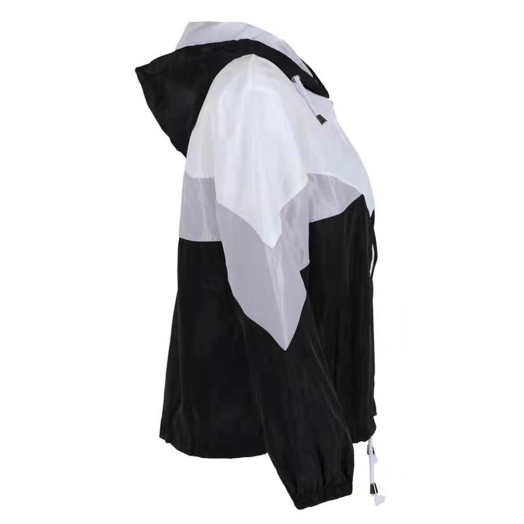Womens  Long-sleeved Hooded Zipper  Stitching Contrast Color Windbreaker Coat