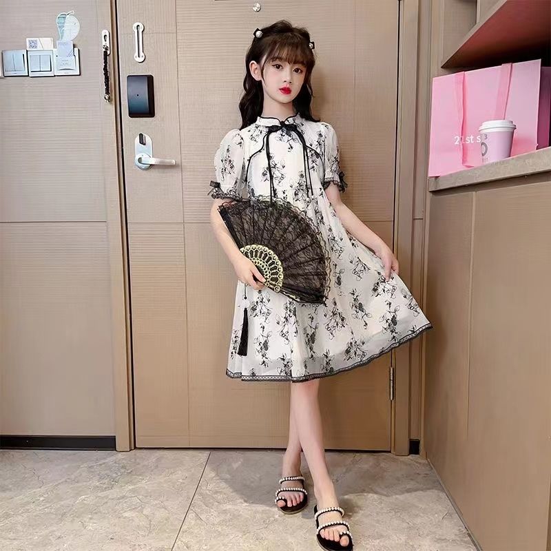 Girls Dress Summer Vintage Qipao Dress Ink Painted Children's Princess Dress Summer Flower Girl Dresses