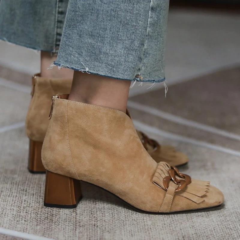 Fashion HOT SALES Autumn/Winter Women Boots Sheep Suade Round Toe Square Mid-Heel Ankle Boots Tassel Zipper Fashion Office Ladies Shoes