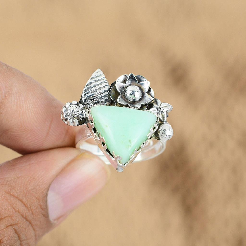 Mothers Day Sale Brazilian Chrysoprase Gemstone 925 Silver Flower Promise Ring