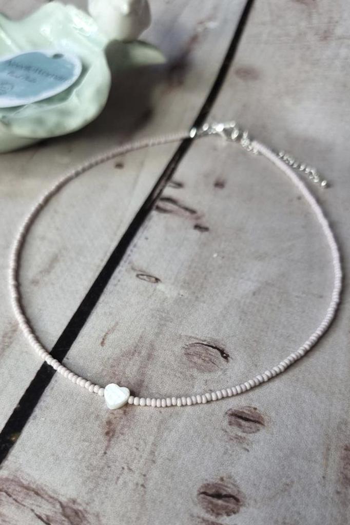 Handmade Choker with Light Pink Seed Beads and Natural Heart Shell Pendant