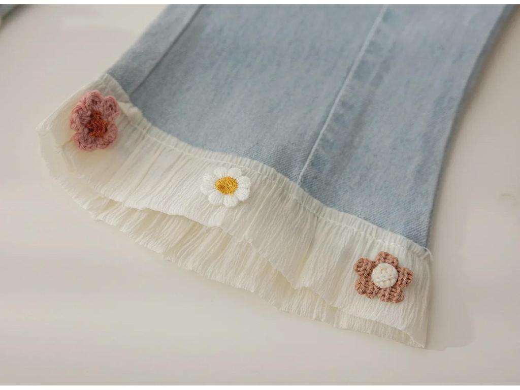 Stylowe dżinsy z koronką z szerokimi nogawkami typu dzwony dla dziewczynek - Wiosenno-jesienne spodnie z szerokimi nogawkami