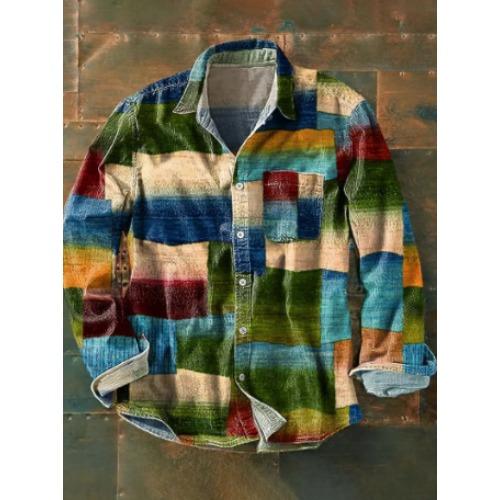 Retro-style Colour-block Print Men’s Long-sleeved Button-down Shirt