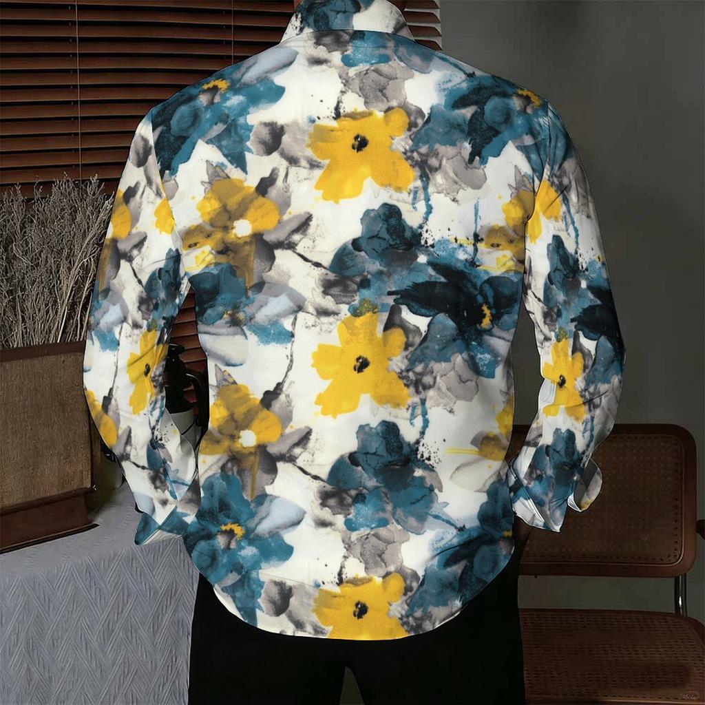 Men Collared Shirt White Yellow Teal Ink Wash Floral Print Long Sleeve Button Down Top