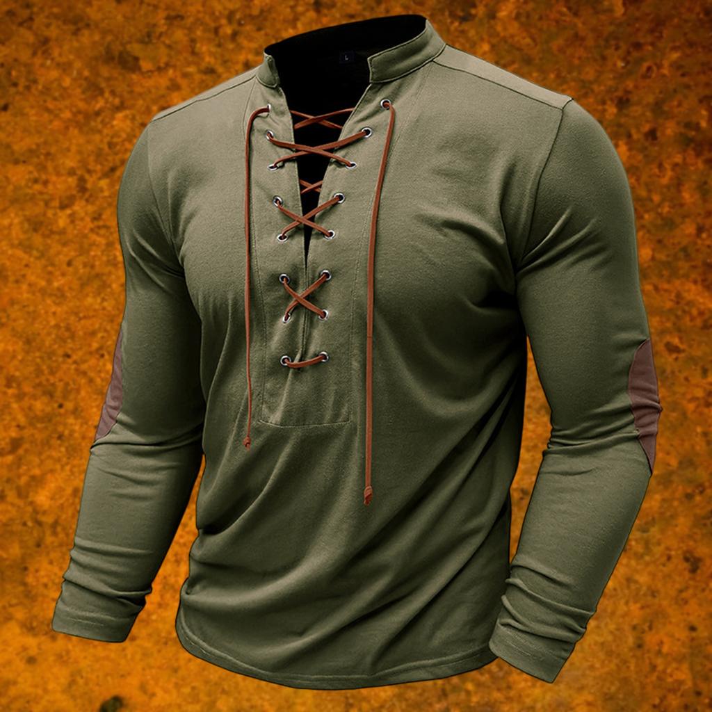 Men's Vintage Outdoor Sports Long Sleeve Top Lace-Up Stand Collar Shirt
