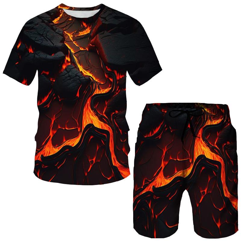 Fashion Flame Magma 3D Print T-Shirts Shorts Sets Men's Tracksuits Oversized Short Sleeve T Shirt Pants Set Man Suits Clothing