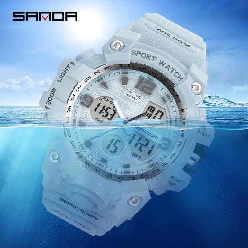 SANDA Women's Trendy LED Dual Display Waterproof Watch with Hourly Chime
