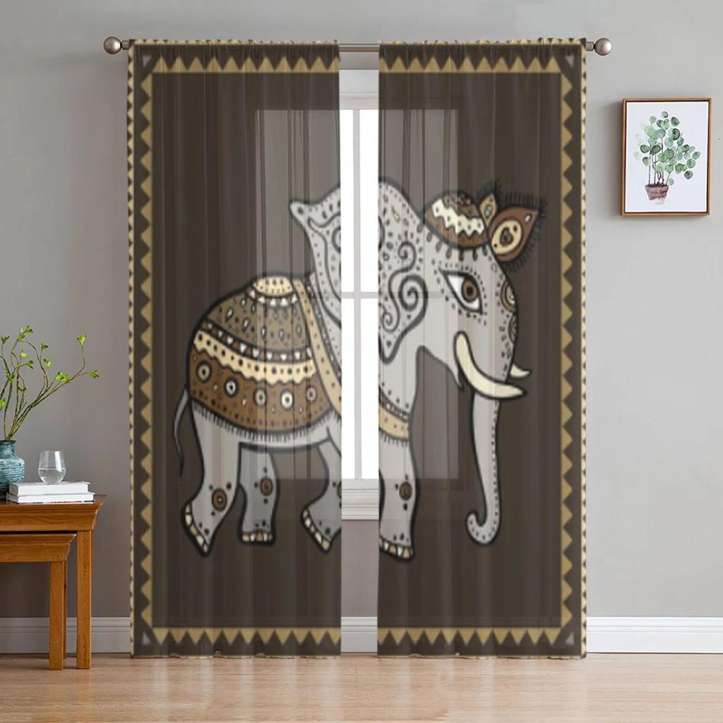 Elephant Hand Drawn Indian Style Sheer Curtains For Bedroom Living Room Tulle Curtains For Kitchen Window Voile Curtains