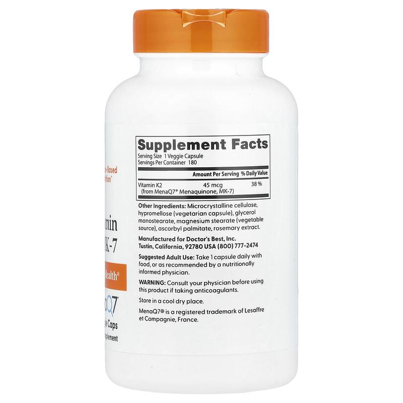 Natural Vitamin K2 MK-7 , 45 Mcg, 180 Veggie Caps