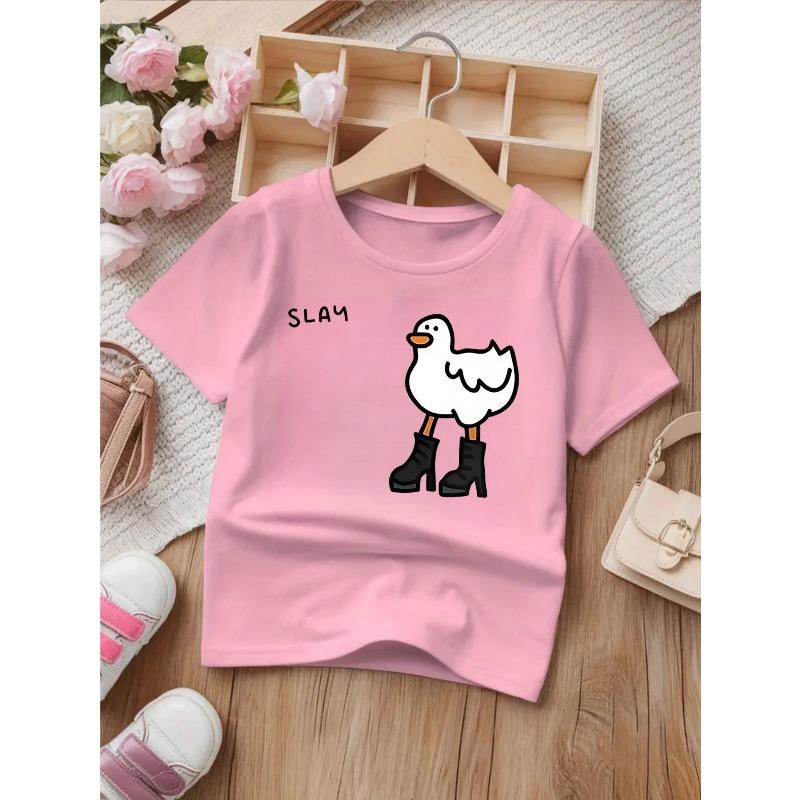 European Sizes Cute Cartoon Duck Print Round Neck Short Sleeve T-Shirt for Girls, New Summer Fashion Casual Top - Breathable Clothing