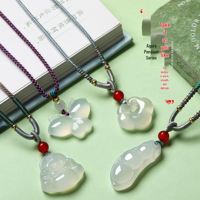 Elegant Natural White Agate Pendant Necklace with Wire Wrap, Fine Cord, Hanfu Inspired, New Chinese Style