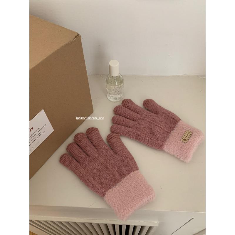Jintai Korean Version of Winter Thickened Color Blocking Gloves Warm Plush Double Layer Touch Screen Split Knitted Female Cycling Student