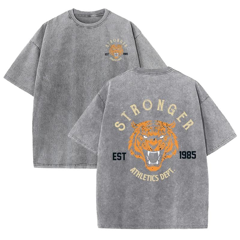 Stärkerer Tiger Sport Print Wasch T-Shirt Damen Sommer Bequem Gewaschenes Tee Lässige Kurzkleidung Weiche Baumwolle Unisex Kleidung