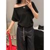 One-word collar off-shoulder design loose solid color short-sleeved T-shirt women's summer new slanted shoulder lazy 