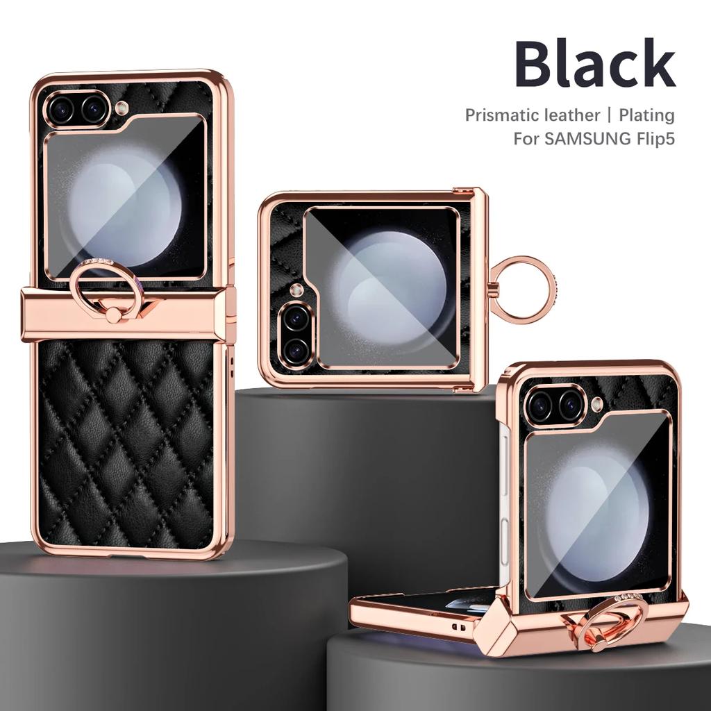 Electroplated Ring Leather Phone Case for Samsung Galaxy Z Flip 7 6 5 4 3 Flip6 Flip5 Flip4 Flip3 5G Shockproof  Holder  Cover