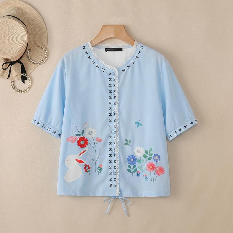ZANZEA Women Casual Round Neck Loose Short Sleeve Floral Blouse