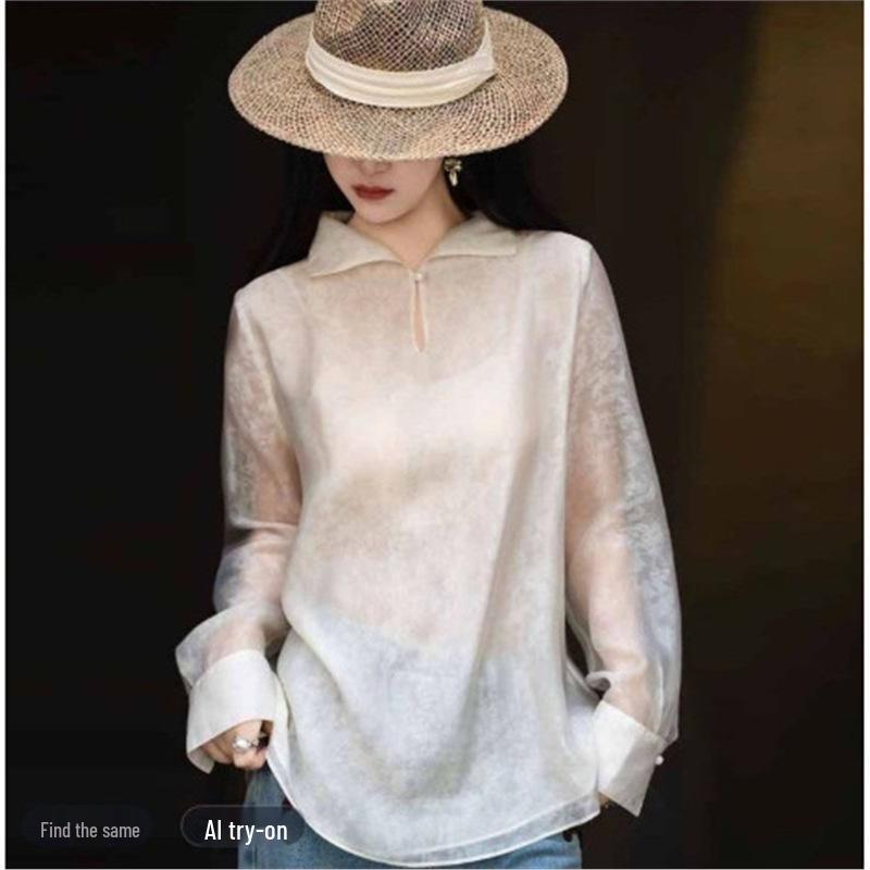 

White Moonlight Texture Silk Double-layer Elegant Loose Spring Women s Top 4XL (135-150 Jin)