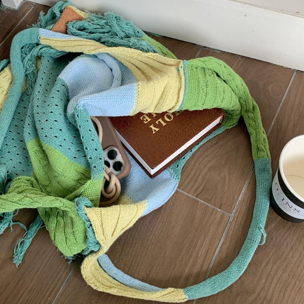 Patchwork Knitted Tassel Shoulder Bag Soft Commuting Tote Bag Sweet Boho Style Handbag Outdoor