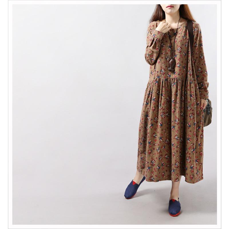 Spring Women's Cotton and Linen Floral Long Sleeved Dress