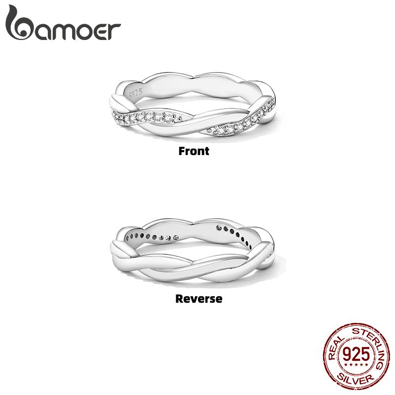 BAMOER 925 Silver Simple Twisted Rope Ring, Gold Plated Cubic Zirconia Eternity Band Stackable for Women Engagement