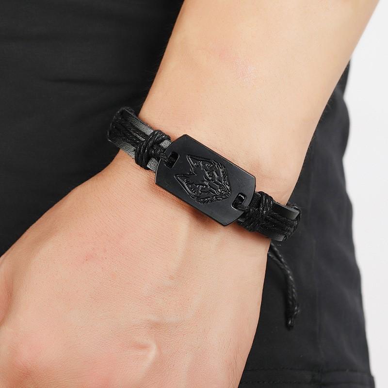 Men's Vintage Black Wolf Head Hand-woven Leather Bracelet