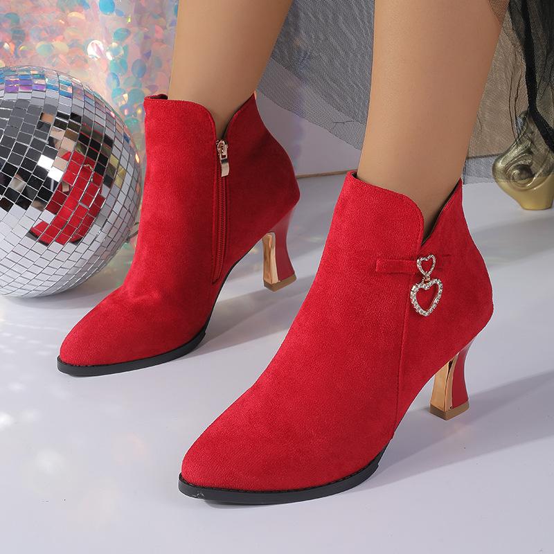 New thin-heeled mid-heeled pointed fleece boots and bare boots in autumn and winter, short tube, solid color high heel.