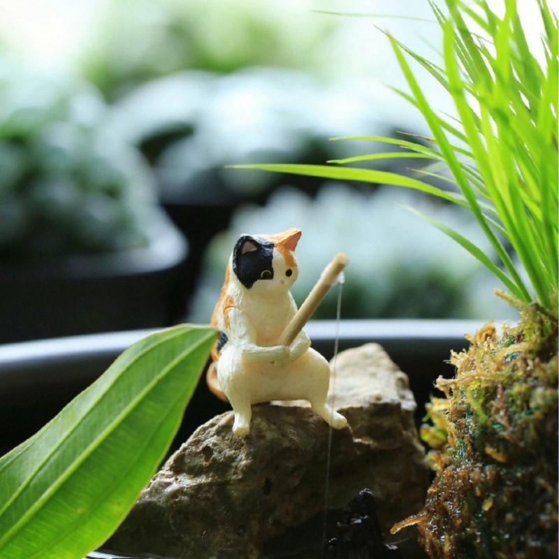 Fishing Cat Ornaments Aquarium Decoration Fish Landscaping Cartoon Cat Statue Mini Resin Figurine Home Decorations