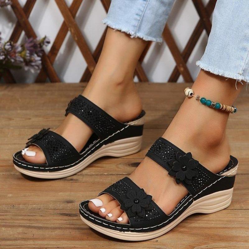 New flower sandals women's shoes car line leisure vacation beach slope heel comfortable large size foreign trade