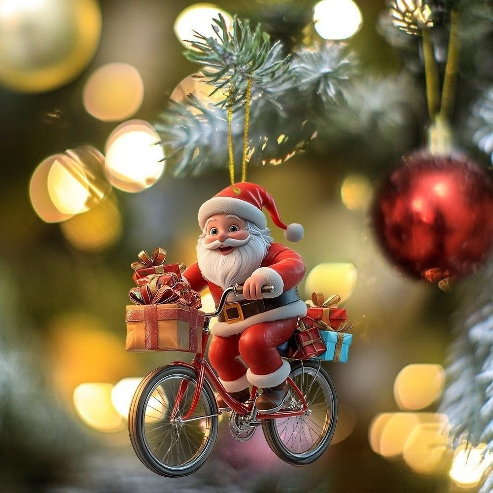 8Pcs Bicycle Santa Claus Xmas Tree Pendant 2D Flat Wooden Ornament Set Christmas Decorations