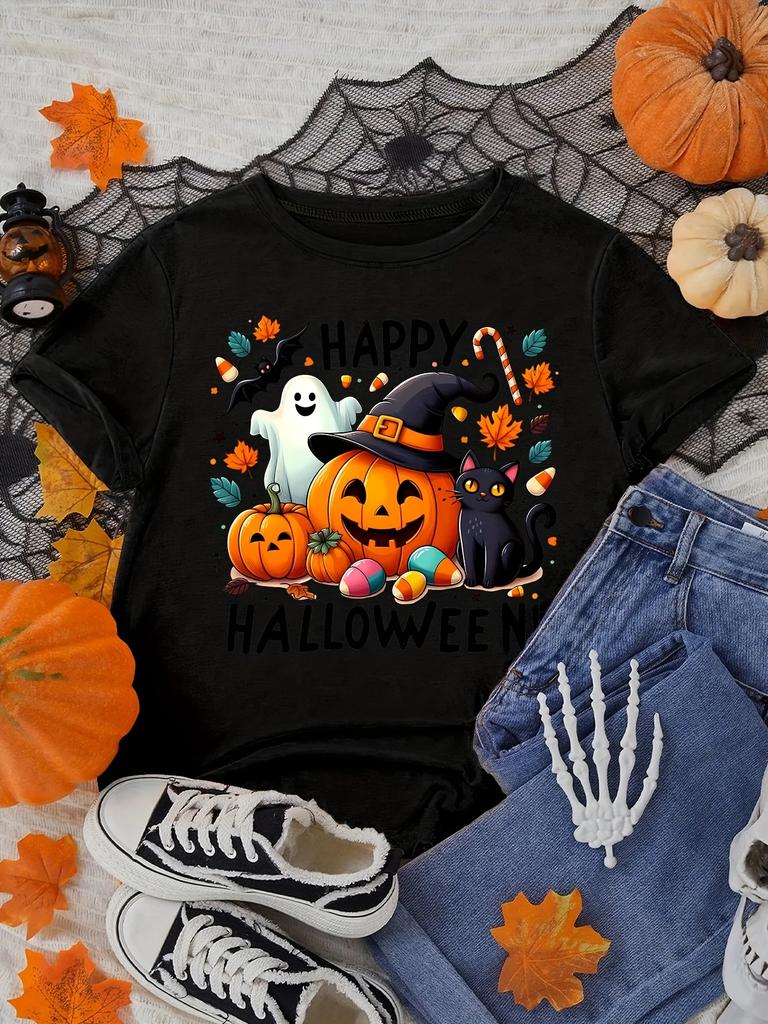 Spooky Pumpkin Cat Graphic Halloween Women's T-Shirt Short Sleeve Summer Short Sleeved Harajuku Streetwear Tops Tees