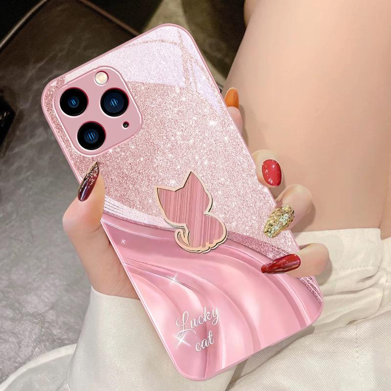 Sparkling Diamond Cat For IPhone 16 Pro Max 15 Pro 14 13 12 Mini 11 XS Max XR 7 8 Plu SE 2022 Tempered Glass Phone Case